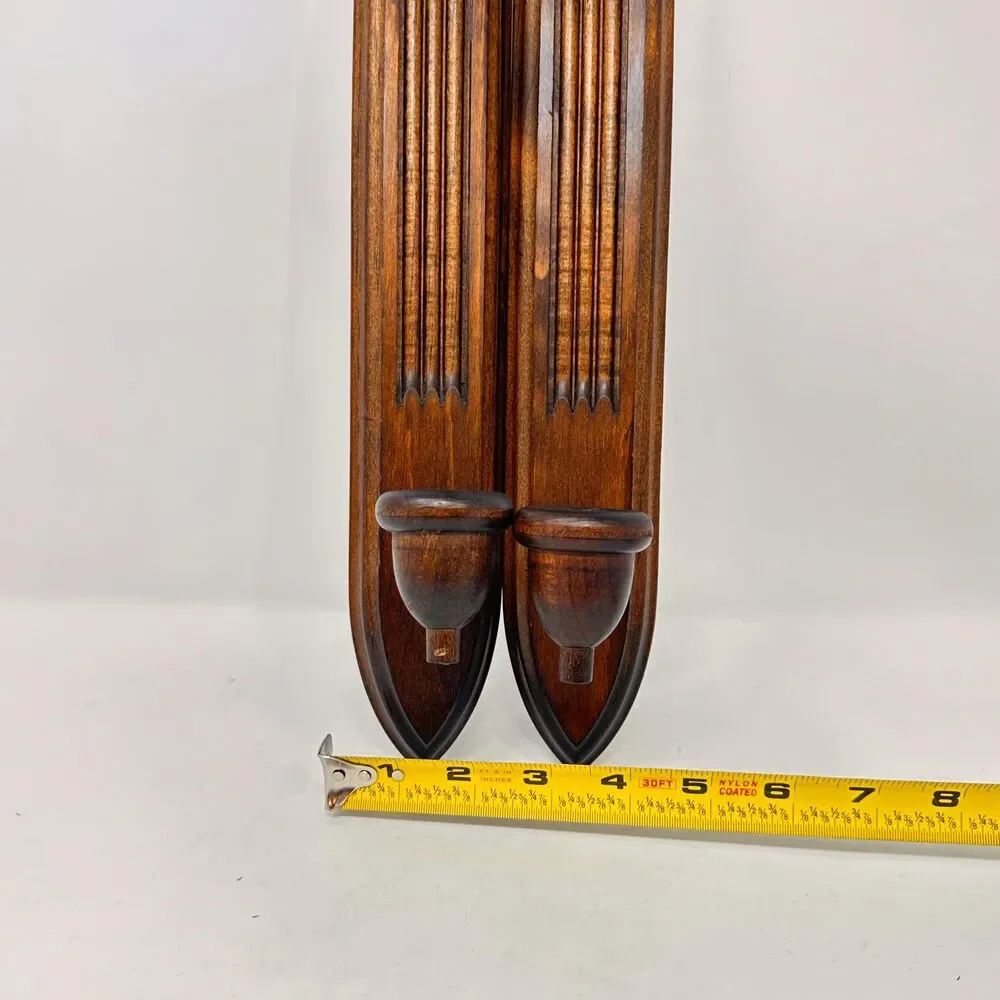 Vintage Wood Wall Candle Sconces Pair Gothic Arch Mid Cen Fluted Taper Holders